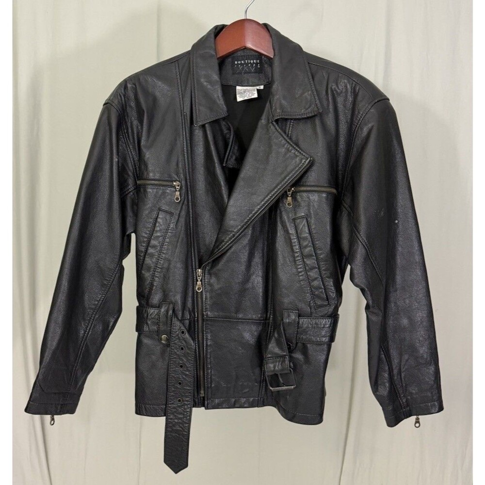 VTG 80s Boutique Europa Black Leather Jacket Coat Womens 6 Moto Belt Zips Biker